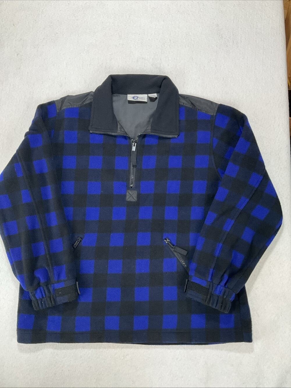 Vintage Arizona Jeans Blue Buffalo Check Fleece 1/4 Zip Pullover Large Pockets